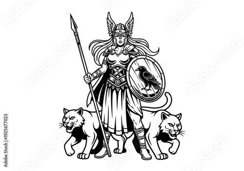 Valiant Valkyrie Warrior with Spear Shield and Majestic Feline Companions.