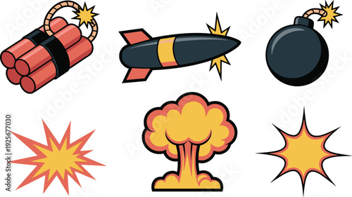 Cartoon explosion and bomb icons illustration set with dynamite missile blast effects comic style vector isolated on white background design