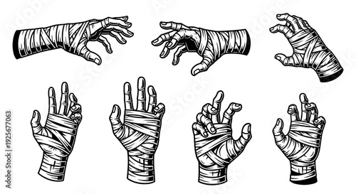 Set of mummy hands in various poses for Halloween and horror themes.