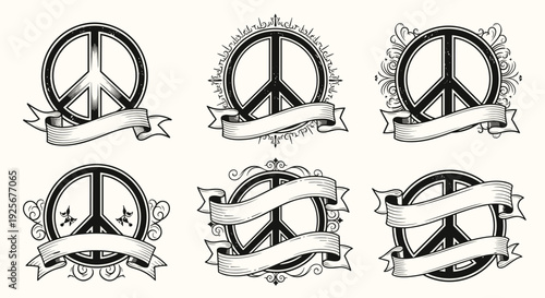 Collection of six peace symbols with decorative banners and frames.