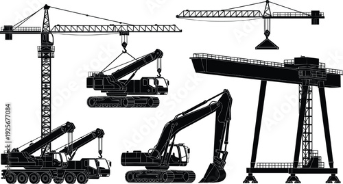 Construction equipment silhouettes, tower cranes, excavators, gantry crane artwork, heavy machinery illustration, industrial site icons, building equipment design elements