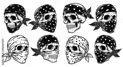 Set of eight detailed skull illustrations wearing bandanas and face masks.