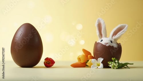 Chocolate Easter eggs with bunny and flowers on yellow background chocolate eggs Easter bunny