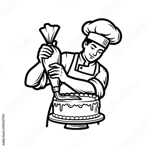 Skilled Baker Decorating Cake with Piping Bag.