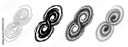 Set of four abstract infinity symbols rendered in various graphic styles like thin line art, bold brush strokes, detailed hatching, and minimalist stippling effect