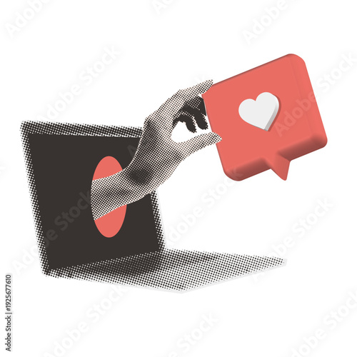 Surreal pop art collage of halftone hand emerging from laptop screen holding a 3D heart like icon. Bold metaphor for digital engagement, online influence and social media blogging content. Vector