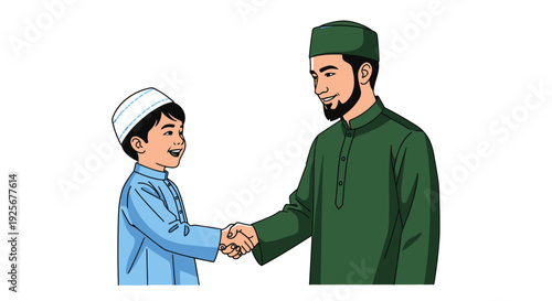 Father and son in traditional muslim clothing shaking hands warmly