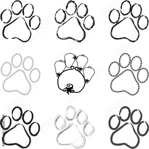 Paw Prints. Cute pets and Dogs pets paw print isolated on white background. Animal paw prints.