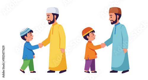 Muslim fathers and sons shaking hands displaying familial connection