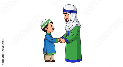 Father and son in traditional islamic clothing shaking hands happily