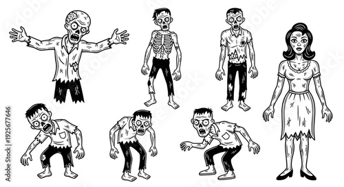 Set of various zombie characters in different poses for Halloween.