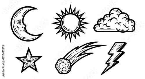 Celestial and Weather Elements Hand Drawn Engraving Style Set.