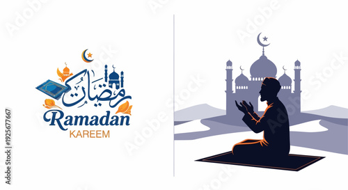 Ramadan kareem illustration with a mosque praying man and crescent moon