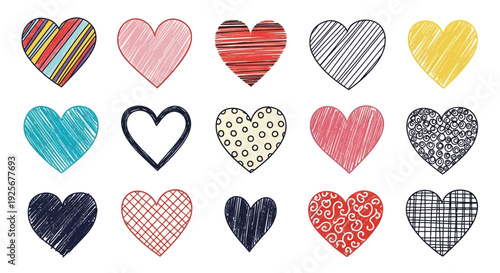 Collection of hand drawn hearts in various colors and patterns