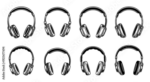 Set of eight vintage style over ear headphones in various angles and perspectives.