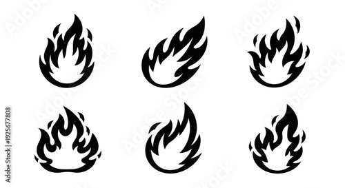 Set of black fire flame icons isolated on white background.