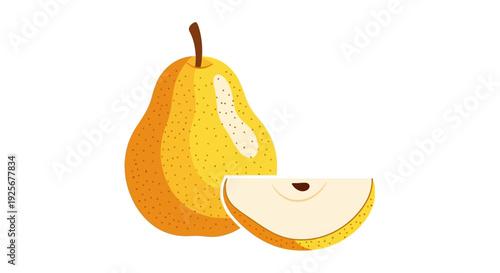 A vibrant illustration of a yellow pear with a sliced segment