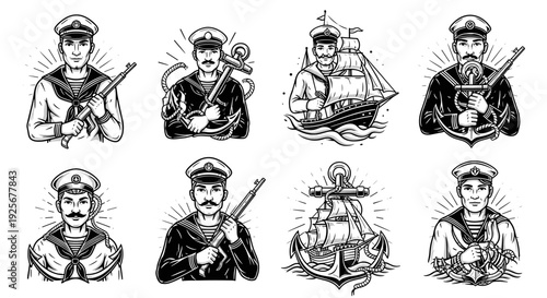 Vintage Sailor and Nautical Elements Collection in Engraving Style.