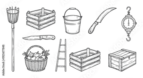 Collection of hand-drawn farming tools for harvesting, including a fruit picker, crates, basket, knives, ladder, and scale in a vintage sketch style illustration