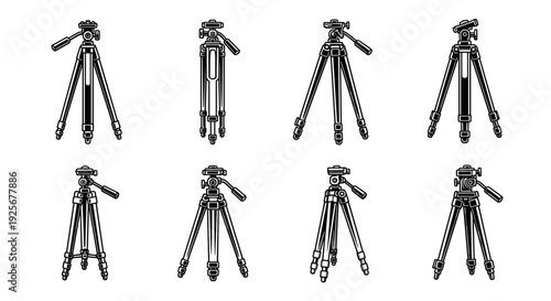 Collection of various camera tripods for photography equipment.