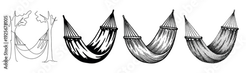 Set of four hammock illustrations showing different artistic styles from simple line art and silhouette to detailed engraving and stippling for a vintage, hand-drawn feel
