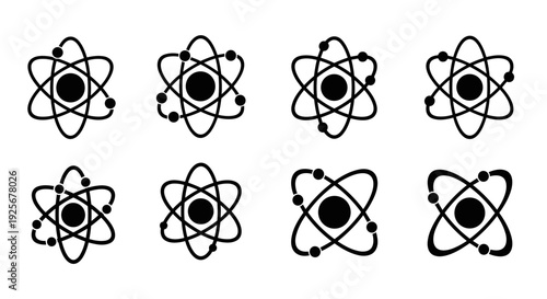 A set of eight black and white atom vector icons in a minimalist flat design style