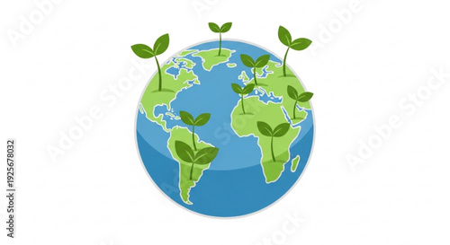 Green earth globe with sprouting seedlings and leaves symbolizing growth and nature