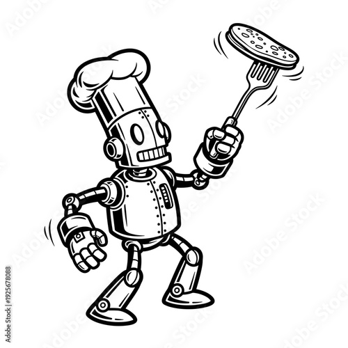 Robot chef flipping a pancake with a spatula.