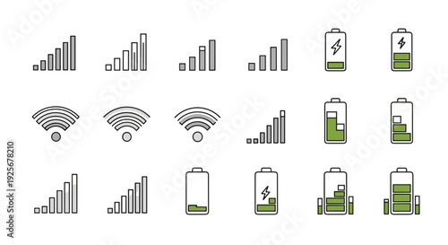 A set of vector graphic icons depicting various mobile phone signal strength and battery level indicators in a flat minimal design style