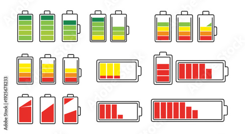 A set of battery level icons in various states of charge, depicted in a flat, minimal design style.
