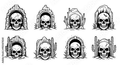 Collection of eight distinct skull designs emerging from various stone and desert-themed structures.