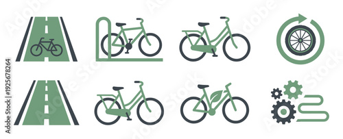 Set of green and black bicycle icons representing urban mobility, eco-friendly transport, bike lanes, parking, and repair in a minimalist flat vector illustration style