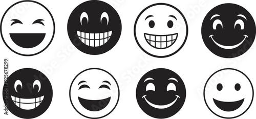 Collection of eight emoticon faces with various expressions and emotions in black and white