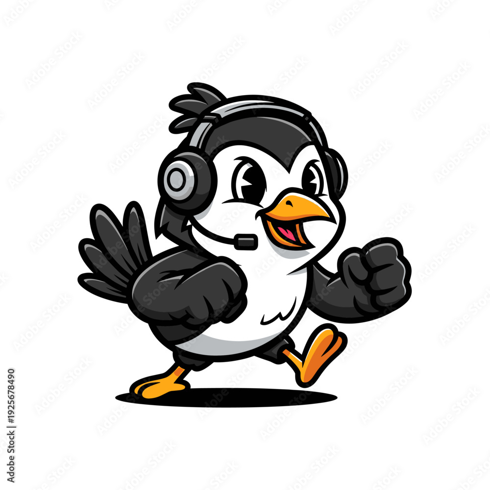 Obraz premium Cute cartoon penguin wearing a headset with a microphone.