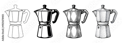 Four moka pot coffee makers illustrated in a collection of different graphic art styles including line art, solid black, vintage engraving, and modern stippling dotwork