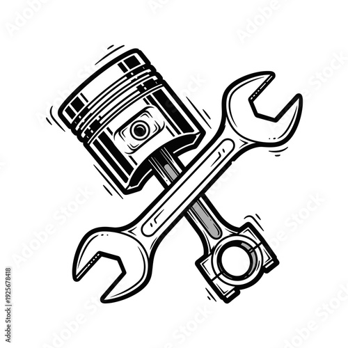 Crossed Wrench and Piston Engine Part Illustration.