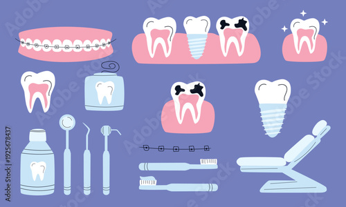 Cute Flat Dental Care Illustration Set with Teeth, Braces, Implants and Dentist Tools, Orthodontic and Stomatology Elements Isolated on Blue Background, Medical Cartoon Vector Collection