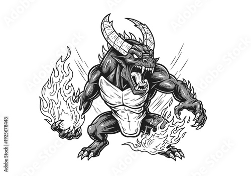 Fierce Dragon Monster with Horns and Fire Claws Roaring.