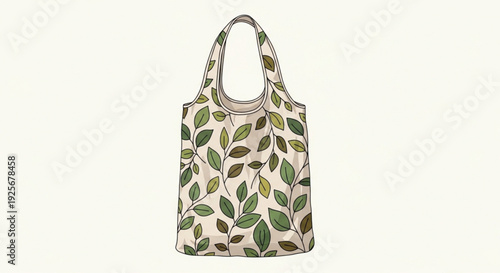 Stylish beige leaf patterned tote bag with green and brown leaves on a plain white background