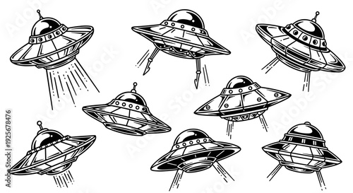 Collection of vintage flying saucers with light beams in a retro style.