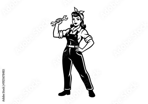 Strong woman in overalls holding a wrench, embodying vintage work ethic.