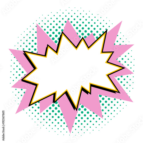 Comic starburst shape with blank center, pink burst layers and green halftone dots in retro pop art vector style. Starburst shape empty burst sticker for text labels and promo banners