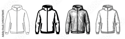 Four hooded jacket illustrations in different artistic styles including simple line art, bold silhouette, detailed engraving, and stippling, shown as a collection of graphic elements