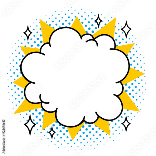 Comic cloud speech bubble with yellow starburst rays and blue halftone dots in retro pop art vector style. Cloud bubble and starburst shape. Perfect for speech balloons and sale ads