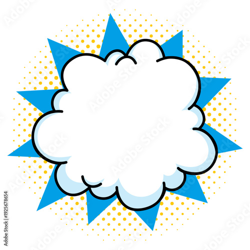 Comic blank starburst shape with bold blue star and yellow halftone background, retro pop art vector style. Empty burst sticker with dynamic jagged edges for custom text.