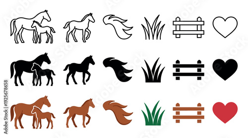 Collection of horse and farm icons presented in three distinct styles including simple line art, solid black silhouette, and a full color version for design elements