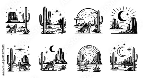 Desert night scene with howling coyote and saguaro cactus, vintage engraving style.