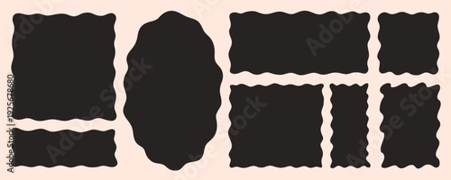 Organic wavy shape frame set with hand drawn rectangle doodle forms and soft zigzag edges in bold black silhouette. Playful text box collection for posters, packaging, branding, social media layouts