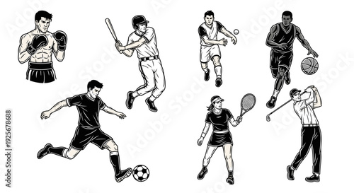 Diverse athletes engaged in various sports activities, showcasing different athletic pursuits.