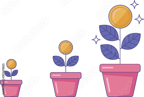 Business growth concept illustration with money plant stages showing financial progress investment success strategy vector design isolated on white background